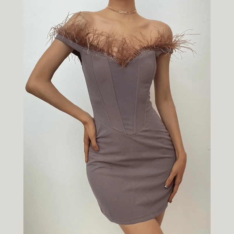 Metallic cocktail dresses with a halter neck for a glamorous occasionBerryBetty - Feather backless zip-up off shoulder corset mini dress Metallic cocktail dresses with a halter neck for a glamorous occasionBerryBetty - Feather backless zip-up off shoulder corset mini dress