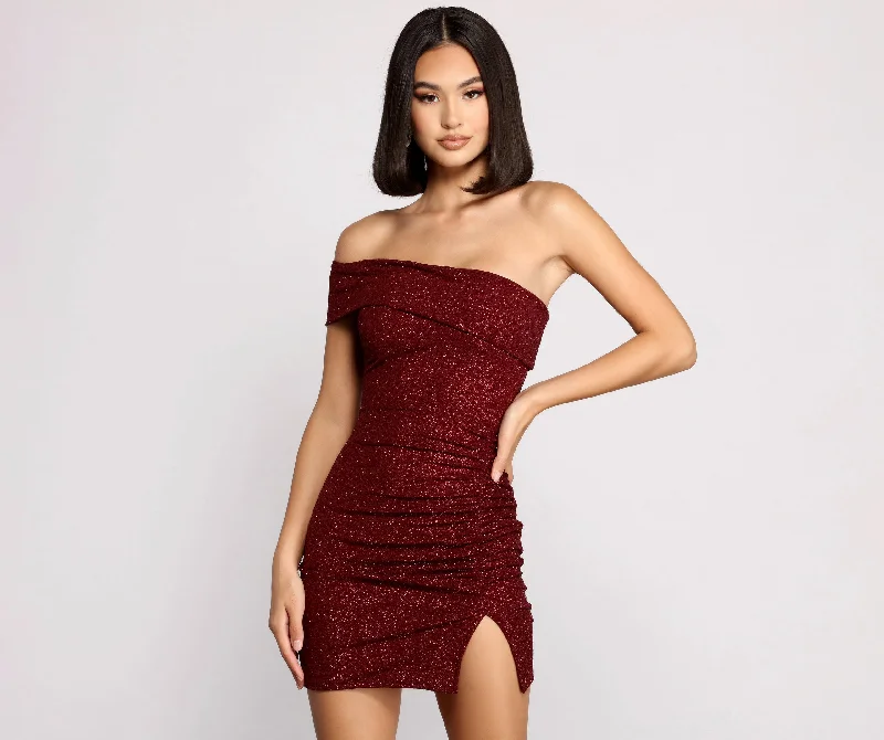 Velvet - trimmed wedding guest dresses in burgundy for a formal eventFirst Impression One-Shoulder Glitter Mini Dress