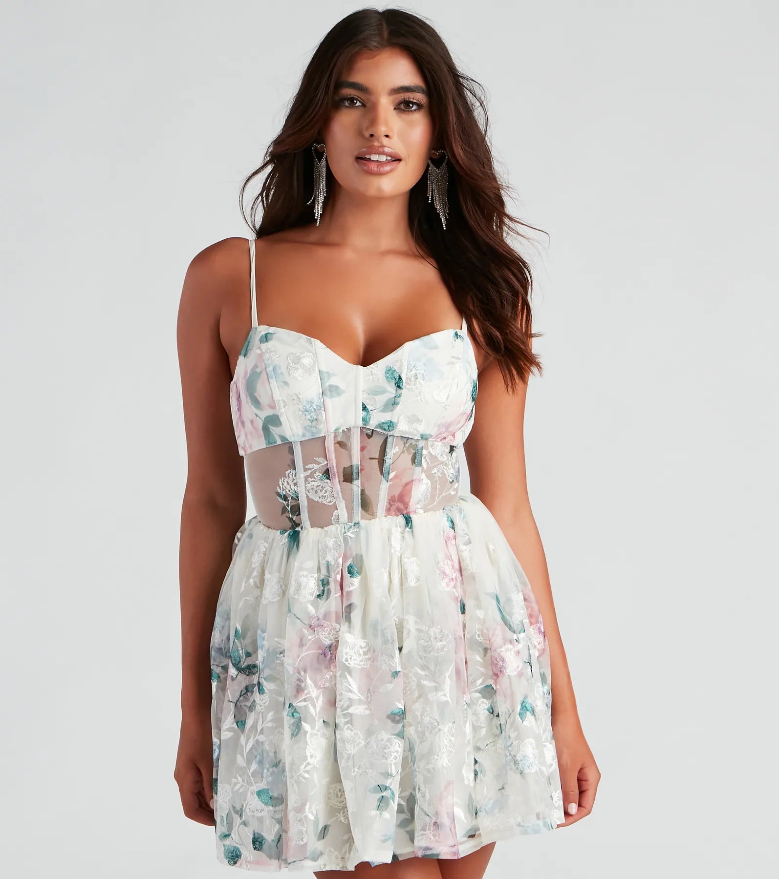 Mini cocktail dresses with a ruffled hem and a solid colorGabriella Floral Mesh Party Dress