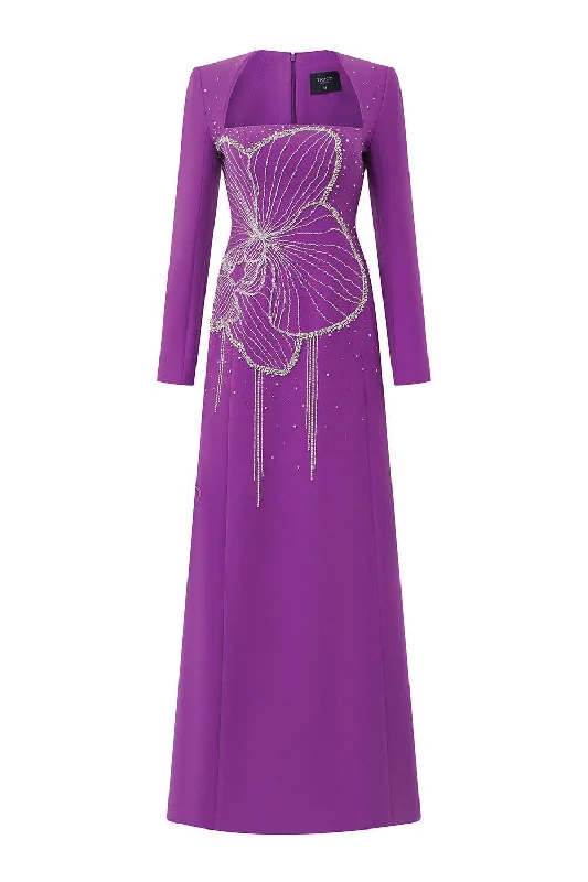 Party dresses with a criss - cross back design for a stylish detail​Gleams A-line Long Sleeved Velvet Satin Maxi Dress
