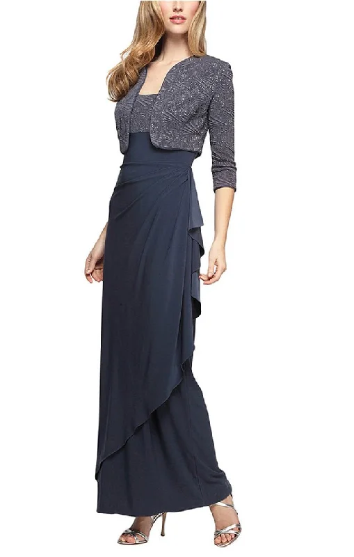 Strapless wedding guest dresses with rhinestone - studded bodicesGlitter Jacquard Knit & Matte Jersey Gown with Bolero Jacket
