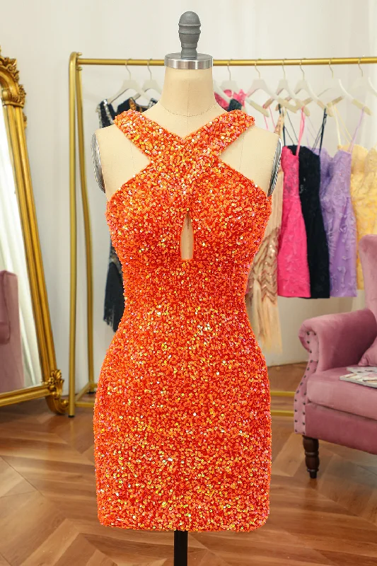 Cocktail dresses with a wrap - around style and a belted waistGlitter Orange Halter Backless Sequins Tight Homecoming Dress Cocktail dresses with a wrap - around style and a belted waistGlitter Orange Halter Backless Sequins Tight Homecoming Dress