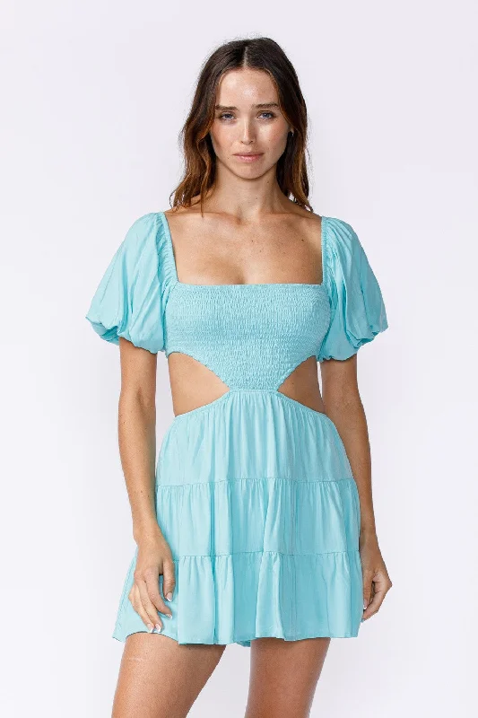 Wedding guest dresses with abstract prints and long trainsGood To Know Aqua Blue Cutout Puff Sleeve Dress Wedding guest dresses with abstract prints and long trainsGood To Know Aqua Blue Cutout Puff Sleeve Dress