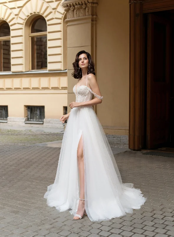 Asymmetric - hem wedding guest dresses in metallic huesGorgeous A-line Spaghetti Strap Wedding Gown