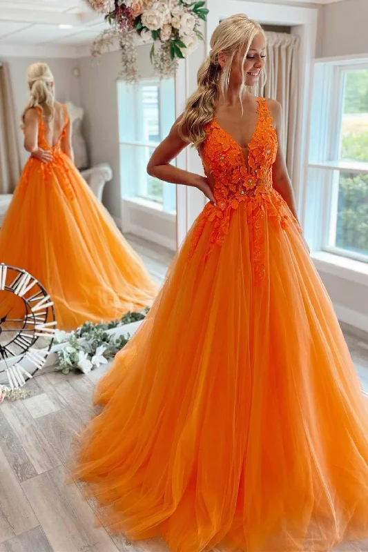 Long - length party dresses with a high - low hem for a trendy style​Gorgeous Orange V-Neck Floral Tulle Long Prom Dress PSK360
