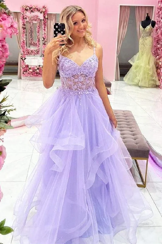 Party dresses with a denim material for a casual yet stylish look​Gorgeous V Neck Beaded Purple Lace Floral Long Prom Dresses  PSK354