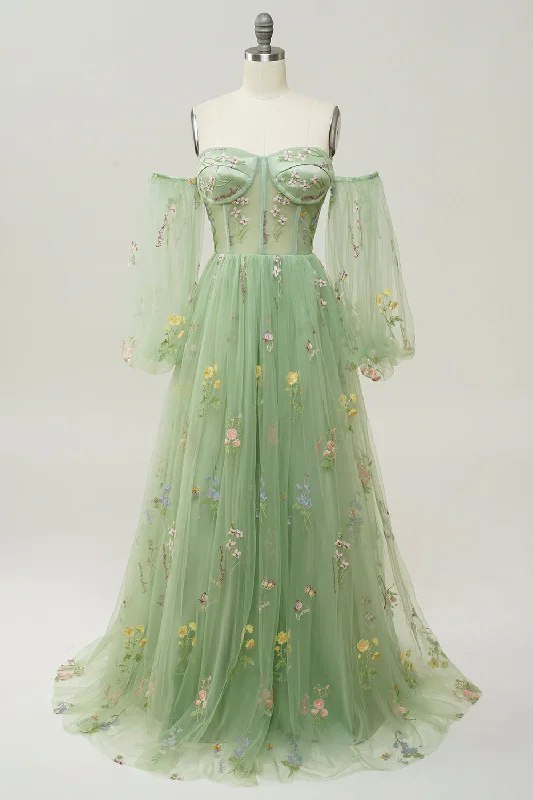 Ribbed - texture cocktail dresses with a cap - sleeve designGreen Off The Shoulder Long Sleeves A-Line Prom Dress