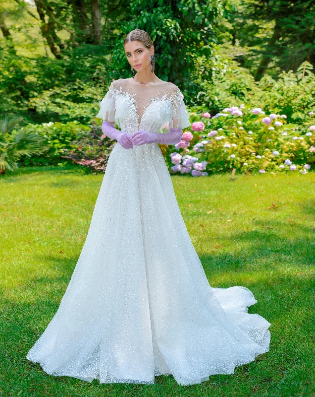 Wedding guest dresses with cold - shoulder designs and solid colorsIllusion Neckline A-Line Wedding Dress