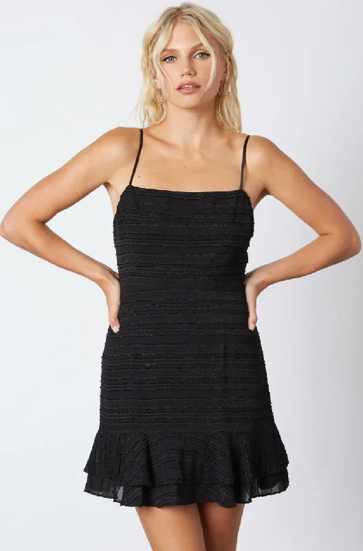 Off - the - shoulder wedding guest dresses in chiffonIsabella Black Ruffle Mini Dress