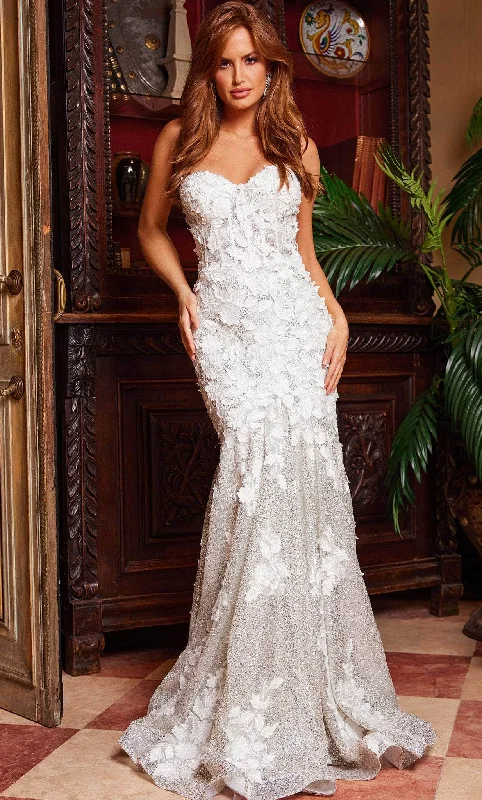 Wedding guest dresses with cold - shoulder ruffled sleeves and knee - length hemsJovani 07496 - Lace Appliqued Sweetheart Evening Gown