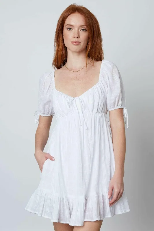 Wedding guest dresses with cold - shoulder ruffled sleeves and knee - length hemsJoy White Puffed Sleeve Mini Dress Wedding guest dresses with cold - shoulder ruffled sleeves and knee - length hemsJoy White Puffed Sleeve Mini Dress
