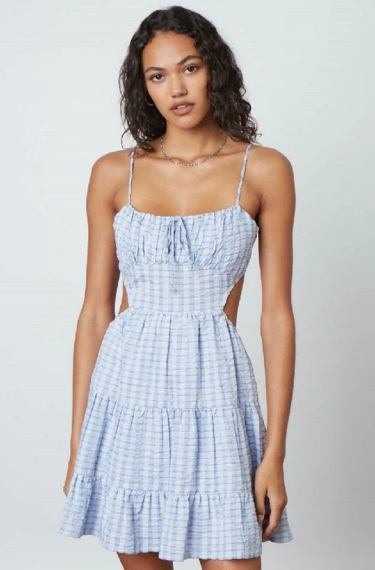 Halter - neck wedding guest dresses with beaded strapsJuliet Indigo Stripe Print Backless Ruffled Mini Dress
