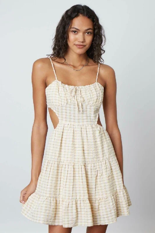 Wedding guest dresses with mesh panels and empire waistsJuliet Yellow Stripe Print Backless Ruffled Mini Dress