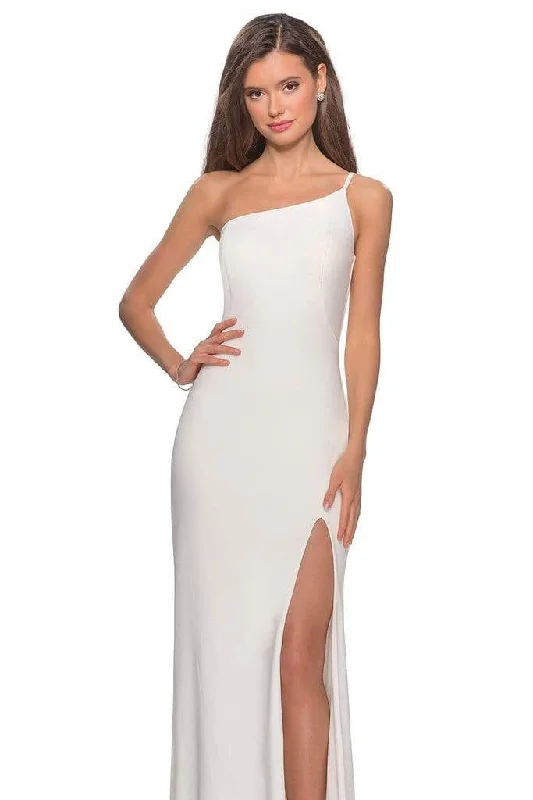 Strapless wedding guest dresses with rhinestone - studded bodicesLa Femme - One Shoulder High Slit Sheath Dress 28176SC