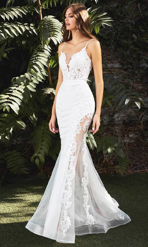 Wedding guest dresses with tiered skirts for a feminine lookLadivine Bridals - CD937W Plunging Neck Lace Apllique Bridal Gown