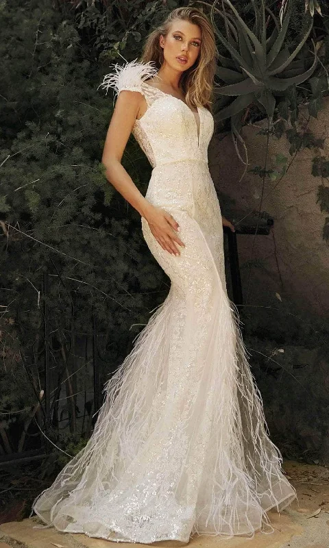 Wedding guest dresses with belted waists and knee - length skirtsLadivine C57W - Feather Embellished Bridal Gown