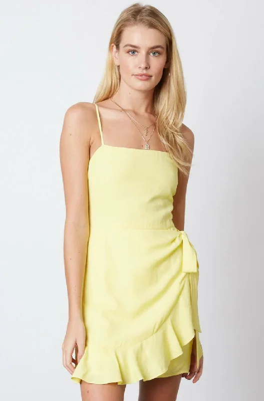 Strapless wedding guest dresses with rhinestone - studded bodicesLaura Lemon Yellow Ruffle Wrap Mini Dress Strapless wedding guest dresses with rhinestone - studded bodicesLaura Lemon Yellow Ruffle Wrap Mini Dress