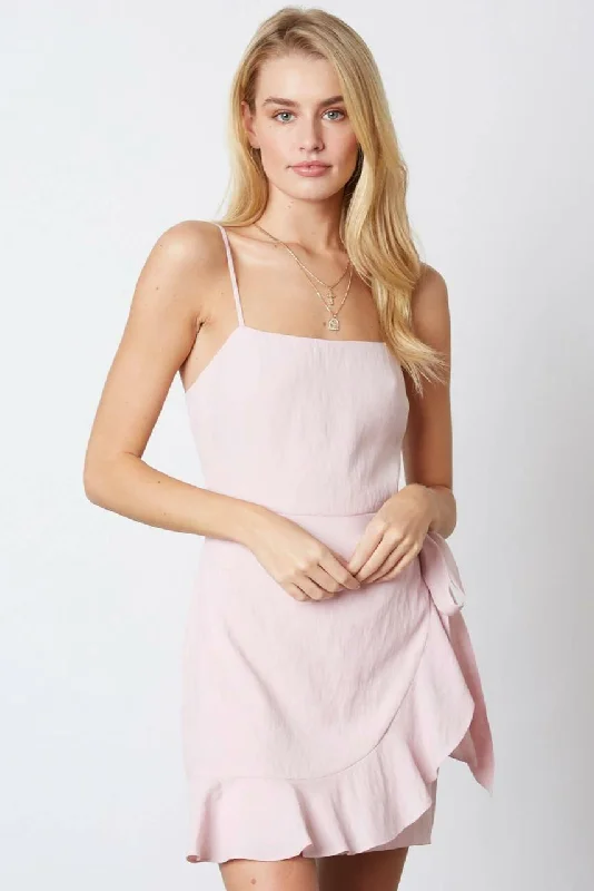 Off - the - shoulder wedding guest dresses in chiffonLaura Petal Pink Ruffle Wrap Mini Dress Off - the - shoulder wedding guest dresses in chiffonLaura Petal Pink Ruffle Wrap Mini Dress