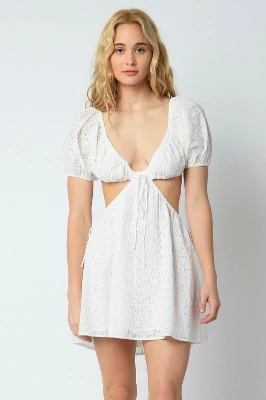 Sleeveless wedding guest dresses with ruffled hemsLenah Ivory Eyelet Cutout Mini Dress