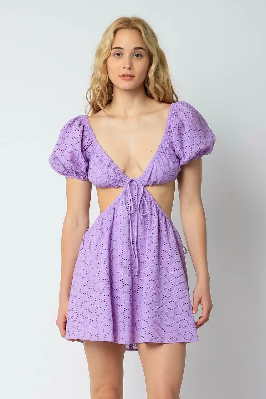 Wedding guest dresses with button - down fronts and A - line silhouettesLenah Lavender Eyelet Cutout Mini Dress