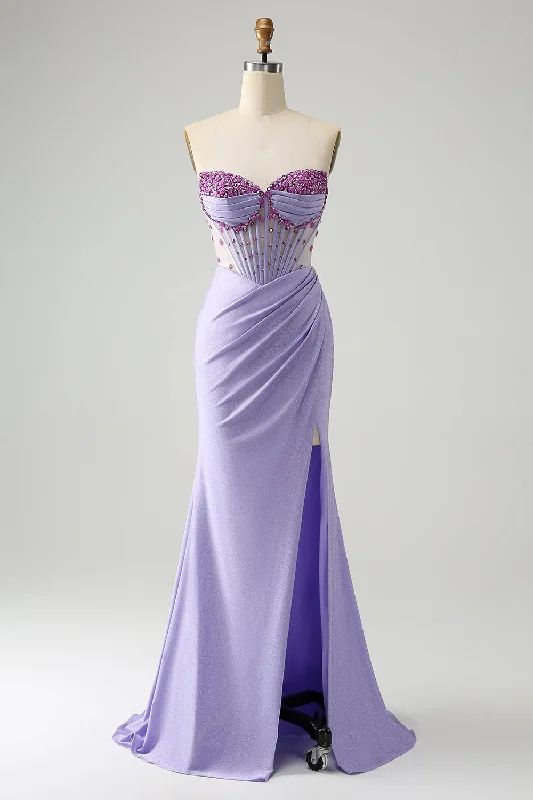 Cocktail dresses with a metallic - embroidered pattern and a midi - hemLight Purple Mermaid Strapless Ruched Beaded Corset Prom Dress with Slit