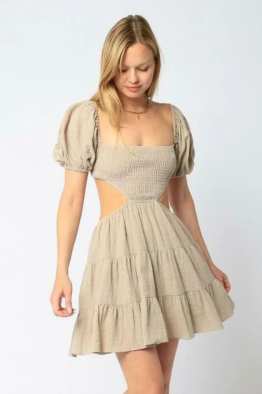 Bow - backed wedding guest dresses in silk for a luxurious feelLindsey Khaki Cutout Puff Sleeve Dress