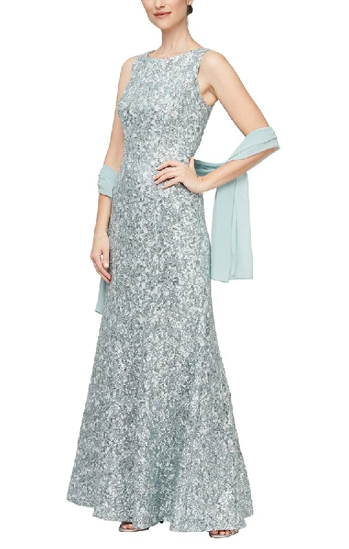 Wedding guest dresses with empire waists and tulle skirtsSleeveless Corded Fit and Flare Dress With Shawl