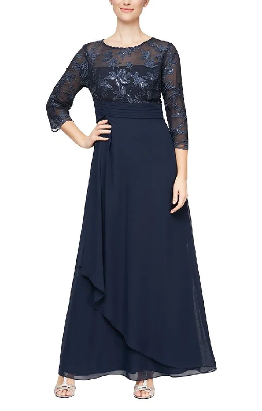 A - line cocktail wedding guest dresses in pastel colorsLong 3/4 Sleeve Gown with Embroidered Bodice, Pleated Waist and Asymmetric Cascade Skirt