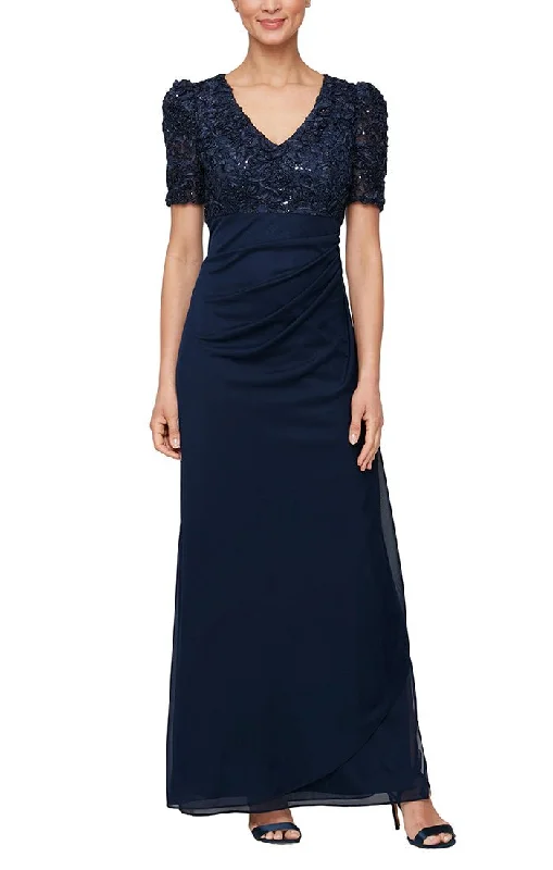 Wedding guest dresses with abstract prints and long trainsLong Empire Waist Dress with Soutache Bodice, Puff Sleeve Detail & Cascade Ruffle Skirt