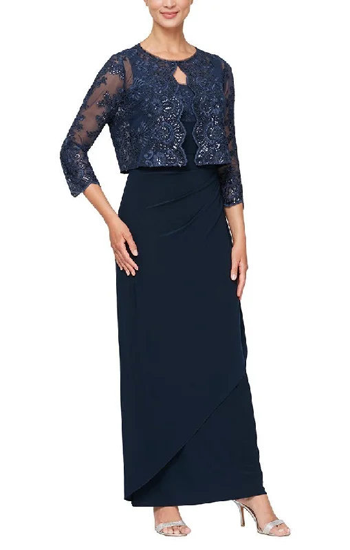 Printed wedding guest dresses with tropical motifs for beach weddingsLong Empire Waist Embroidered Jacket Dress with Hook Neck Closure Jacket and Cascade Detail Skirt