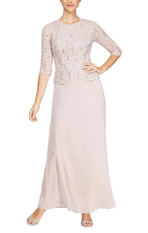 Wedding guest dresses with mesh panels and empire waistsLong Gown with Sequin Lace Bodice & Chiffon Skirt