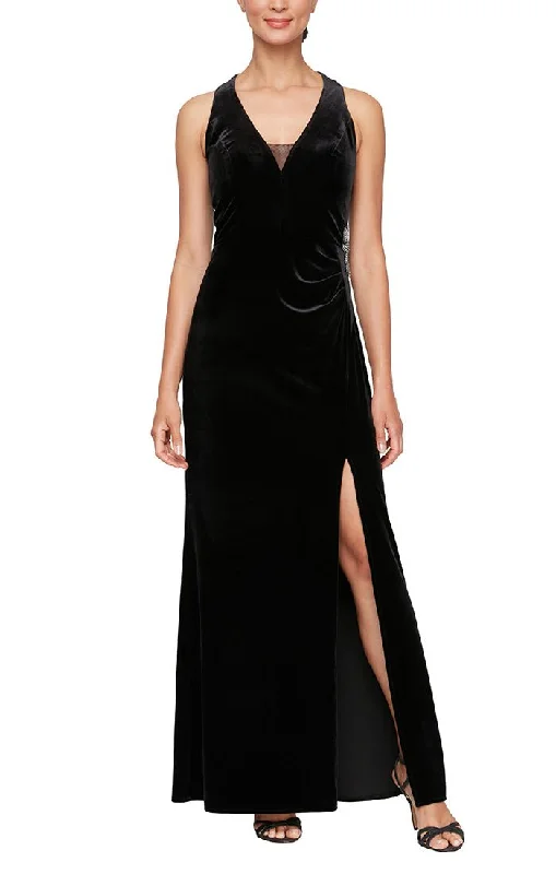 Long - sleeved wedding guest dresses in velvet for a winter weddingLong Halter Neck Velvet Dress with Illusion Inset Neckline, Beaded Hip & Front Slit