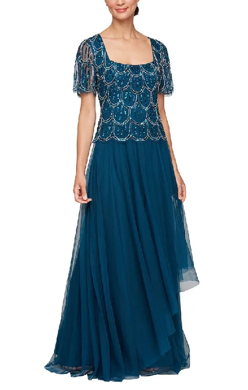 Metallic wedding guest dresses for a glamorous weddingLong Hand Beaded Mock Dress with Square Neckline, Asymmetric Cascade Overlay Skirt and Short Sleeves