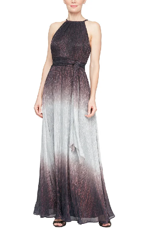 Wedding guest dresses with cold - shoulder designs and solid colorsLong Ombre Metallic Knit Halter Neck A-Line Dress with Tie Belt