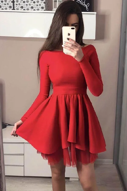 Party dresses with a pom - pom trim for a fun and festive touch​Long Sleeve Homecoming Dresses Off the Shoulder Short  Prom Dress  PD230