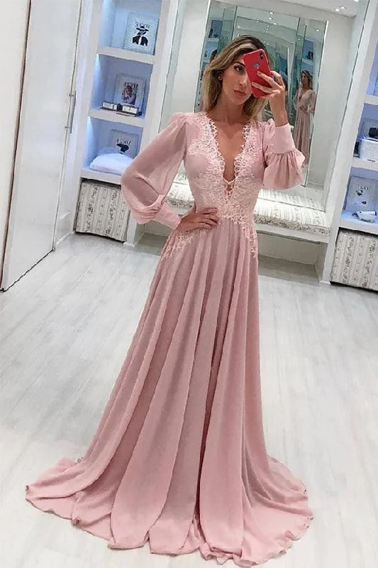 Party dresses with a one - shoulder design for a modern and unique look​Long Sleeve Prom Dresses Deep V Neck A Line Pink Prom Dress PSK346
