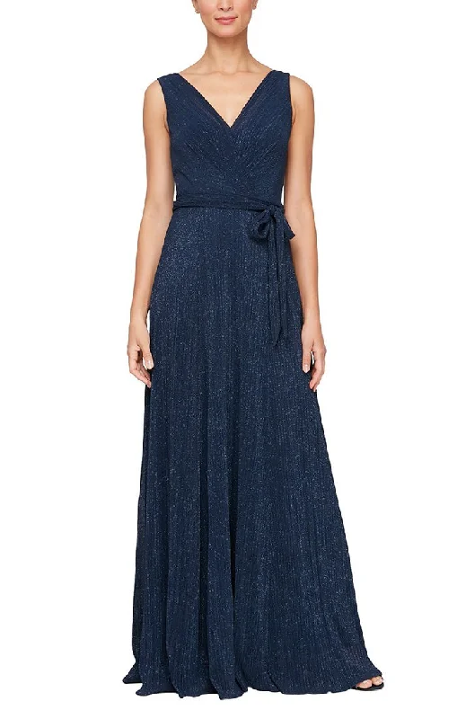 Wrap - style wedding guest dresses with bow accentsLong Glitter Mesh Sleeveless Surplice Neckline Dress with A-Line Skirt & Tie Belt Wrap - style wedding guest dresses with bow accentsLong Glitter Mesh Sleeveless Surplice Neckline Dress with A-Line Skirt & Tie Belt