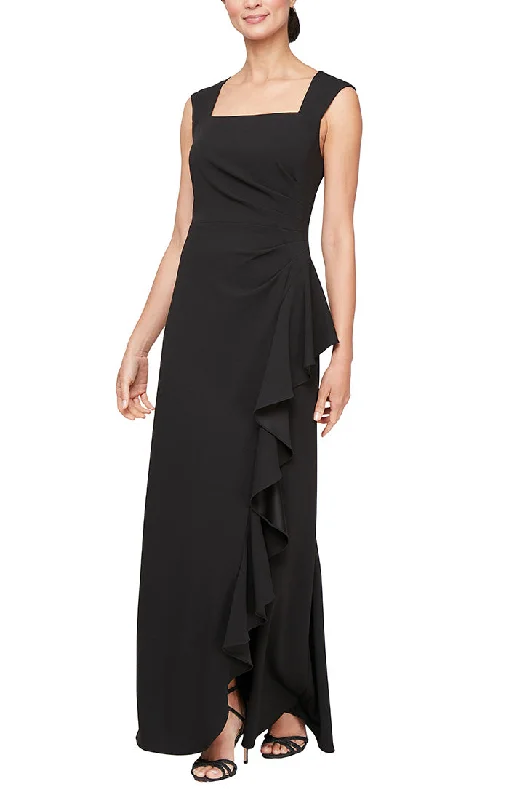 Sheath - style wedding guest dresses with lace overlaysLong Square Neck Crepe Dress with Cascade Ruffle Detail Sheath - style wedding guest dresses with lace overlaysLong Square Neck Crepe Dress with Cascade Ruffle Detail