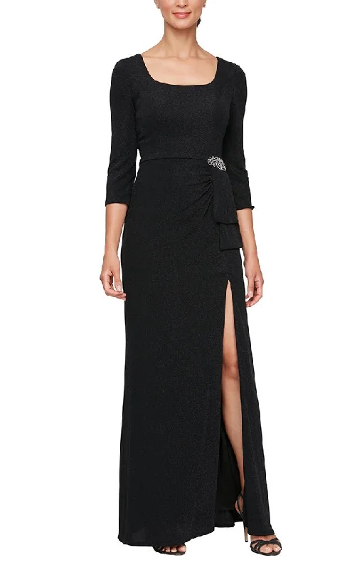 Wedding guest dresses with gathered skirts and V - necklinesLong Square Neck Metallic Knit Dress with Embellishment Detail at Hip and 3/4 Sleeves Wedding guest dresses with gathered skirts and V - necklinesLong Square Neck Metallic Knit Dress with Embellishment Detail at Hip and 3/4 Sleeves