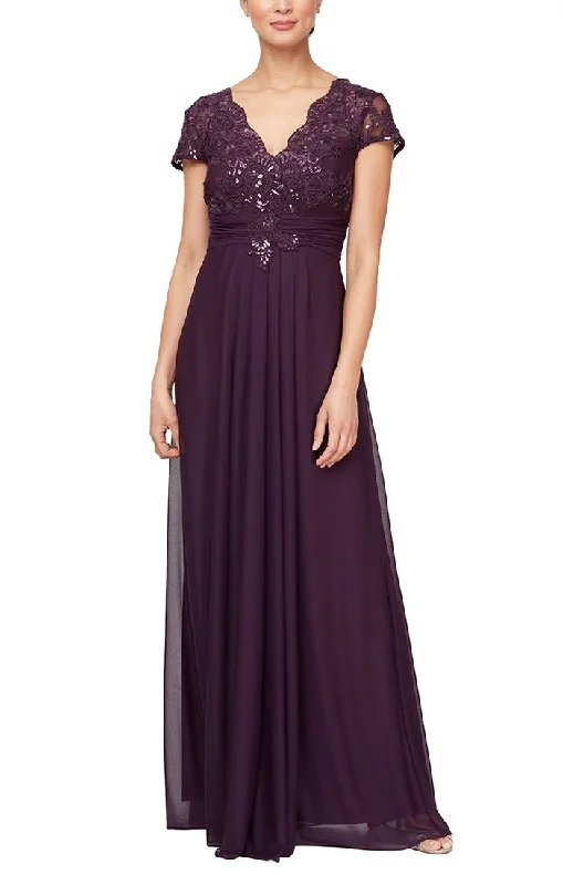 Sleeveless wedding guest dresses with pleated bodicesLong Surplice Neckline A-Line Dress with Embroidered Pleated Waist and Scallop Detail