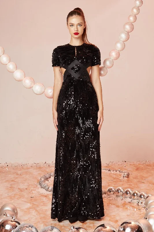 Backless party dresses for a sexy and alluring appearance​Luminary A-line Cut-Out Velvet Floor Length Dress