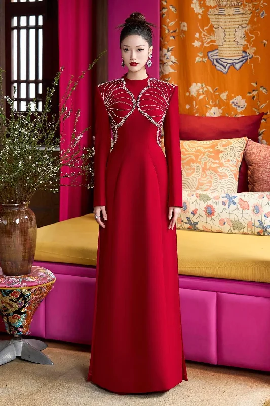 Gothic - style party dresses for a dark and mysterious look​Luster A-line High Neck Velvet Satin Maxi Dress
