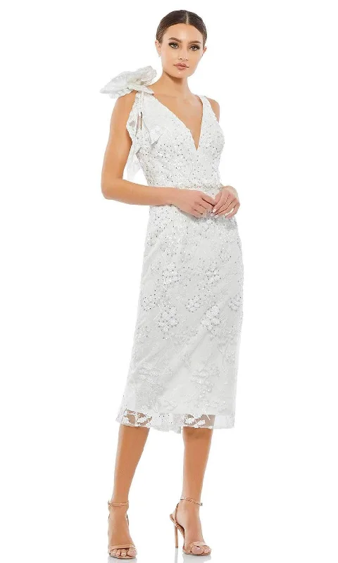 Wedding guest dresses with abstract prints and long trainsMac Duggal Evening - 79337D Plunging Neck Sequined Midi Dress
