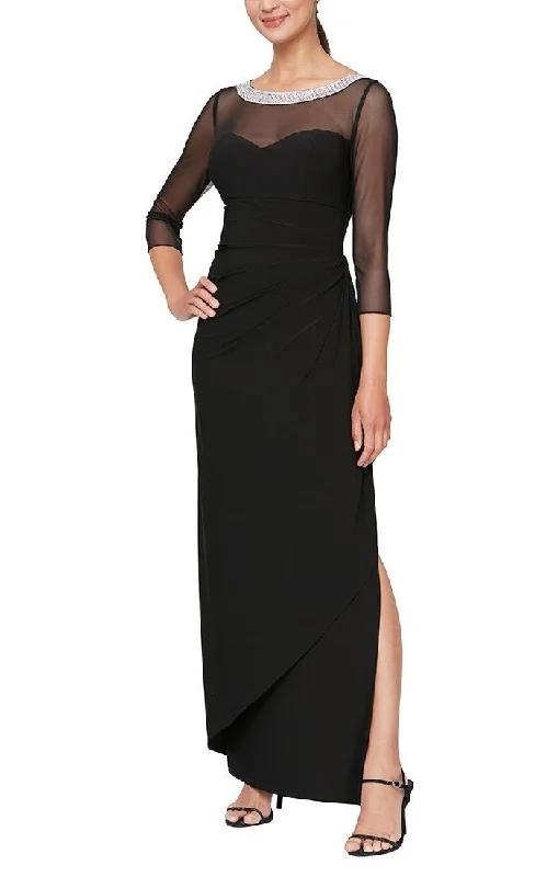 Wedding guest dresses with patchwork designs for a unique lookLong Matte Jersey Illusion 3/4 Sleeve Side Ruched Dress with Embellished Neckline