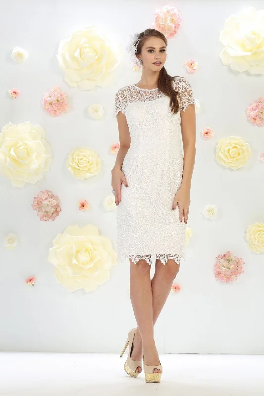 Halter - neck wedding guest dresses with beaded strapsMay Queen - MQ1253 Stylish Cap Sleeve Lace Formal Dress