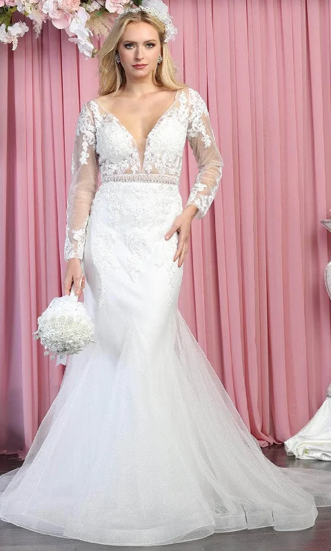 Tea - length wedding guest dresses with polka dot patternsMay Queen RQ7892 - Long sleeves Deep V-neck Wedding Gown
