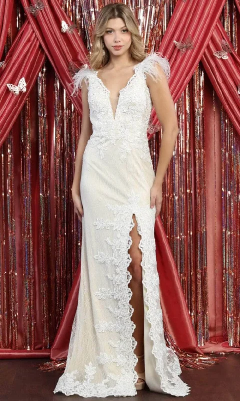 Wedding guest dresses with cold - shoulder designs and solid colorsMay Queen RQ7925 - Feathered Sleeve V-Neck Long Dress