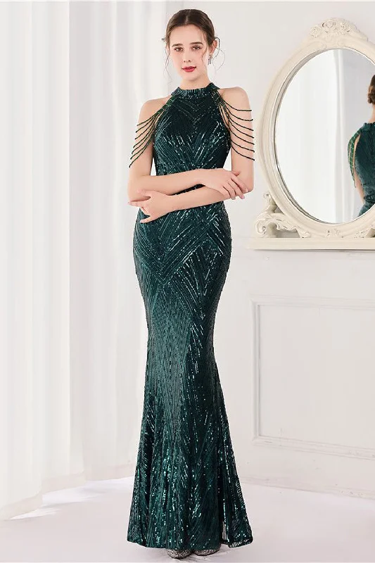 Velvet cocktail dresses with long sleeves for winter galasMermaid Halter Dark Green Sequins Long Prom Dress