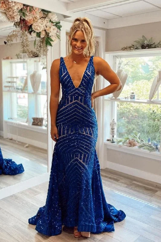 Satin party dresses with a smooth and lustrous finish​Mermaid Royal Blue V-Neck Long Prom Dress Party Dress PSK345