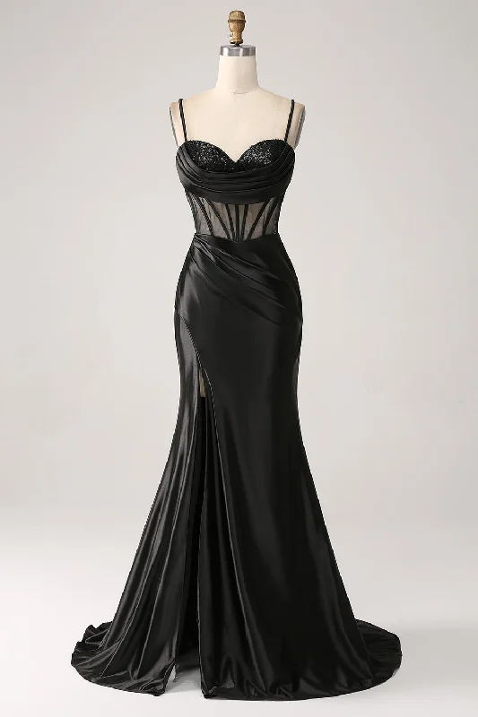 Cocktail dresses with a ruched bodice and spaghetti strapsMermaid Sweetheart Black Satin Long Prom Dress With Beading Cocktail dresses with a ruched bodice and spaghetti strapsMermaid Sweetheart Black Satin Long Prom Dress With Beading